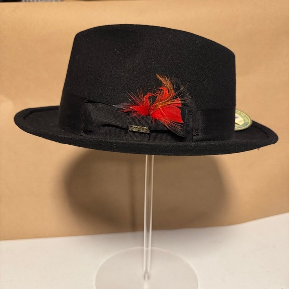 NWT Scala Black Homburg Fedora Hat Handmade Wool Felt Feather Accent XL - Picture 1 of 7
